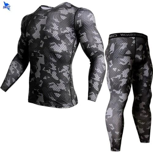 2PCS Camouflage 3D Long Sleeve T-Shirt+Tights Running Set Men Quick Dry Jogging Suits Gym Fitness Sportswear Compression Uniform