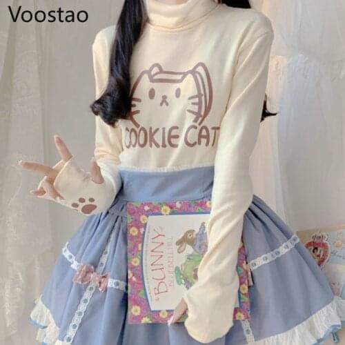Autumn Winter Sweet Lolita Style Long Sleeve T-Shirts Japanese Girls Cute Cat Print Bottoming Shirt Spring Women Elastic JK Tops