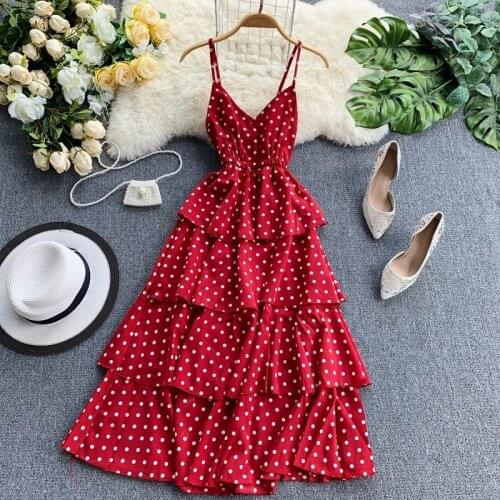Women Summer Dress Sexy V Neck Spaghetti Strap 4 Layers Ruffles Midi Dresses Ladies Beach Cake Dress Vestidos GD303