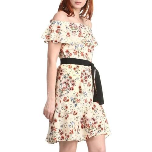 Patads French womens dress m spring and summer small fresh silk print one word neck waist dress rinora