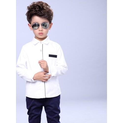 Students shirt childrens clothing cotton Peter Pan autumn collar Long-Sleeve Shirt White solid boy blouses