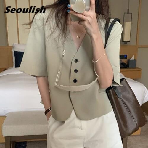 Seoulish Summer New 2021 Classic Womens Blazers Single Breasted Female Jacket Short Outerwear V-Neck Chic Korean Style Tops