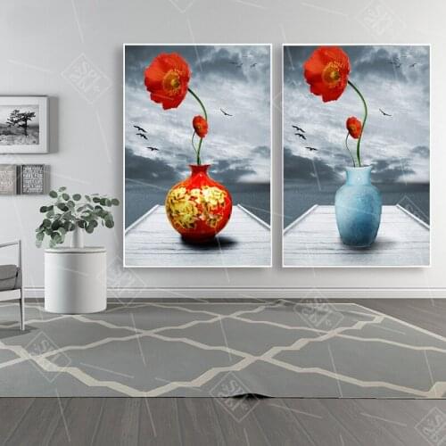 Modern Art Posters and Prints Wall Art Canvas Painting Red Flower in Vase Decorative Picture for Living Room Decoration No Frame