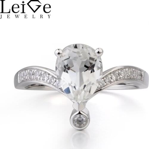 Leige Jewelry Natural White Topaz Ring Wedding Ring November Birthstone Pear Cut Gemstone Solid 925 Sterling Silver Ring Gifts