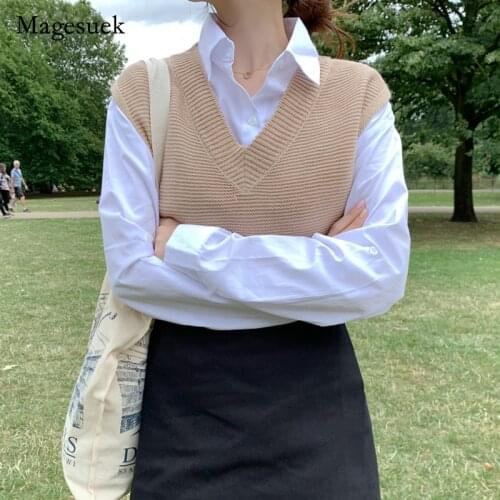 Knitted Sweater Solid Loose Sweater Spring Autumn Womens Vest V Neck Knitted Vest Women Outerwear Office Fashion Clothing 10974