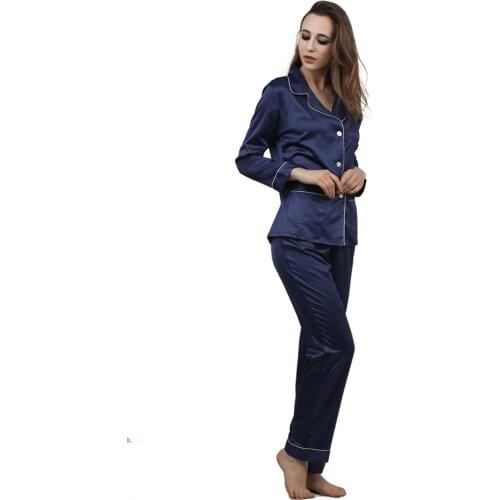 High Grade Satin Women Pajama Sets Notch Collar Long Sleeves Top with Full-Length Pant Pajamas Pyjama Femme Sleepwear for Women