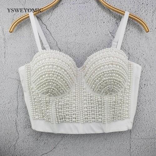 Women New Fashion Pearl Beads Camisole Sleeveless Sexy Bustier Clothing Push Up Night Club Bralette Crop Tops D-014