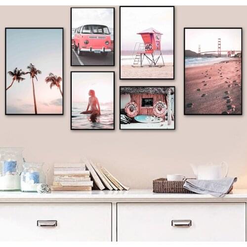 Woman Palm Tree Van Beach House Seascape Wall Art Canvas Painting Nordic Posters And Prints Wall Pictures For Living Room Decor