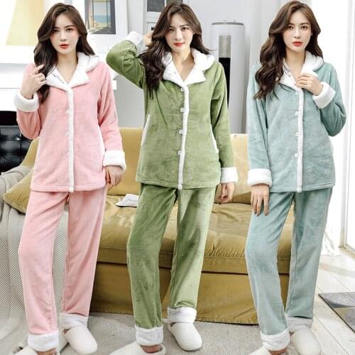 Women Winter Flannel Soft Pajama Sets Thick Warm Coral Fleece Fur Neck Pyjama Famale Button Pajamas Embroidery Home Wear Pijama