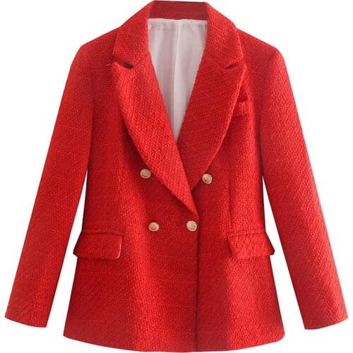 Za 2021 Women new Fashion Texture Double Breasted Woolen Check Blazer Coat Vintage Long Sleeve Pockets Female Outerwear Chic