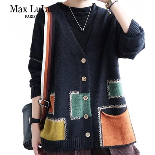 Max LuLu 2021 Colthes Black Printed Vintage Cardigans Winter Women Loose V-neck Casual Sweater Ladies Harajuku Buttons Knitwear