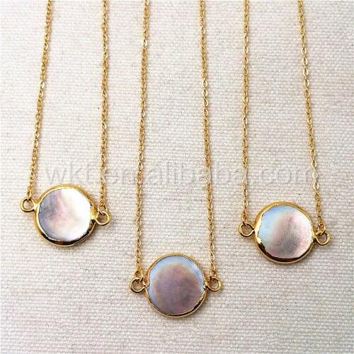 WT-N827 Charm Pearl Connector Necklace Jewelry Wholesale,Natural Black Pearl Round Shape Pendant with Double Loops Gold Necklace