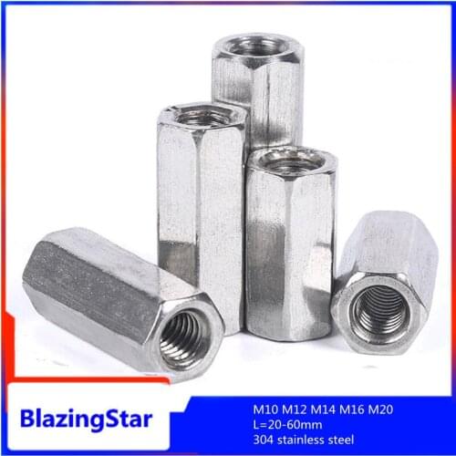 1/2PCS M10 M12 M14 M16 M20 304 stainless steel extended hexagon nut fastening screw,extended hexagon nut L=20-60mm