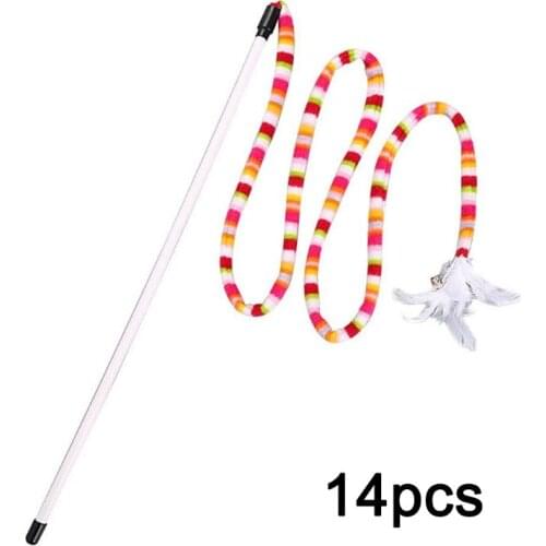 14 Pcs Cat Interactive Colorful Cloth Strip Feather Bell Teaser Stick Funny