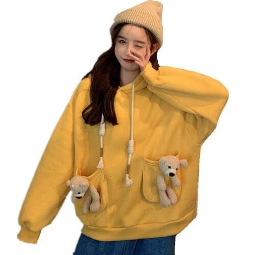 2020 Winter Bear Toy In Pocket Hooded Sweatshirt Women Harajuku Streetwear Casual Thicken Fleece Linner Twist Drawstring Hoodies