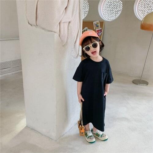 2021 Summer Girl New Long Dress Simple Casual Solid Color Pocket T-shirt Pencil Skirt Children Short Sleeve Dress