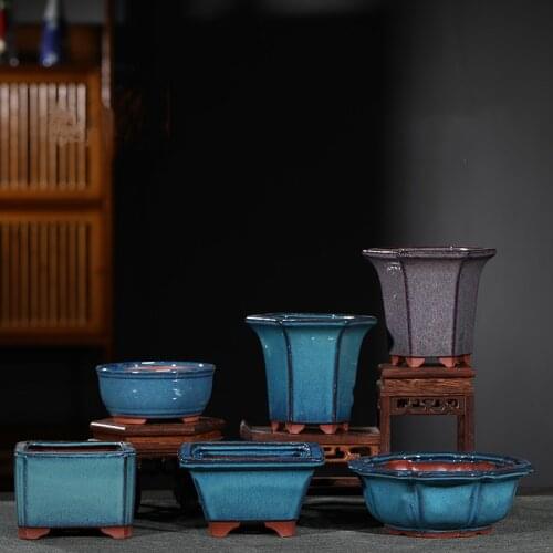 2021 New Purple Sand Flowerpot Stoneware Bonsai Pot Four Or Six Square Succulent Orchid Pots Chinese Potted Desktop Decoration