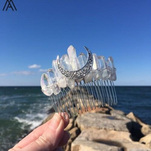 5PCS Silvery Wire Wrapped Smooth White AB Quartz Point Hair Combs Tiara For Women Crystal Combs Hair Decorate Jewelry Findings