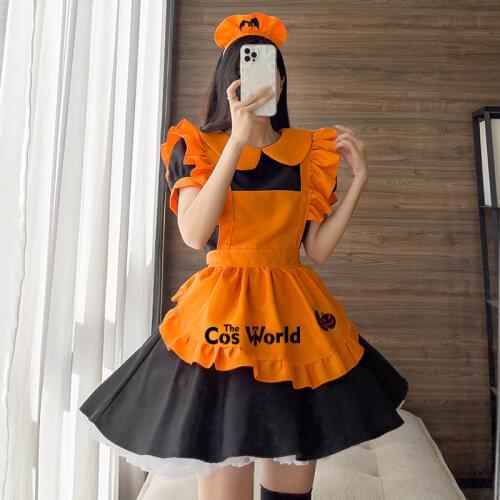 S-5XL Lolita Halloween Pumpkin Vampire Bat Apron Maidservant Maid Restaurant Dress Uniform Outfits Anime Cosplay Costume