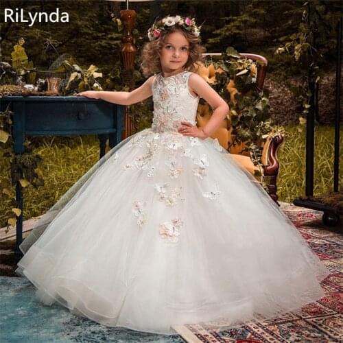 NEW Flower Girl Dresses For Weddings Princess Ball Gown Tutu Lace Beads Butterflies Kids First Communion Gowns