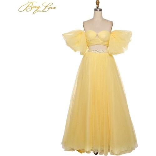 BeryLove Bright Yellow Two Pieces Prom Dress 2020 Dot Tulle A-line Long Party Dress Formal Latter Sleeves Lovely Vestido