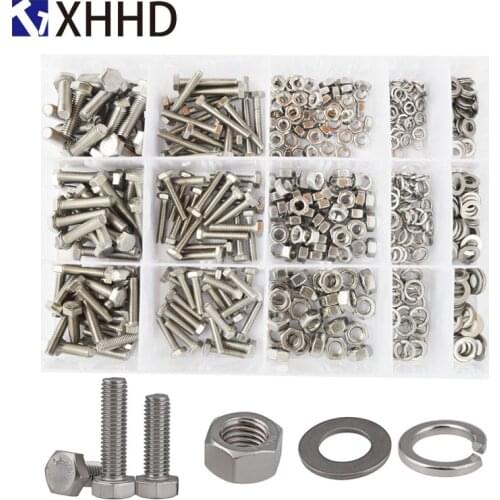 DIN933 External Hex Flat Head Screws Metric Thread Hexagon Bolts Nut Flat Washer 304 Stainless Steel Set Assortment Kit M4 M5 M6