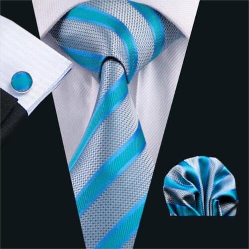 FA-568 Mens Tie Blue Stripe Silk Jacquard Classic Tie Hanky Cufflinks Set Ties For Men Business Wedding Party Free Shipping