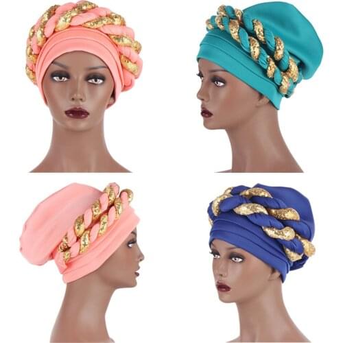 Nigerian Gele Headtie With Sequins Already Made Auto Gele Turban Cap African Aso Ebi Gele Aaso Oke Head Wrap Bonnet 2021 Fashion