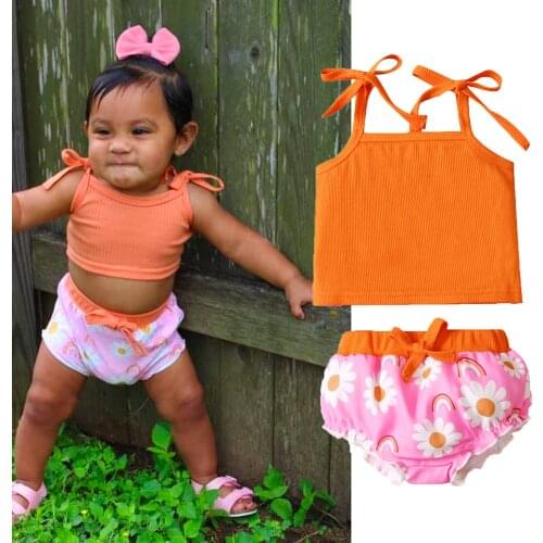 Baby Girls Clothes Set Summer Solid Color Sleeveless Square Collar Cropped Tops + Daisy Print Short Pants Outfit 0-18M