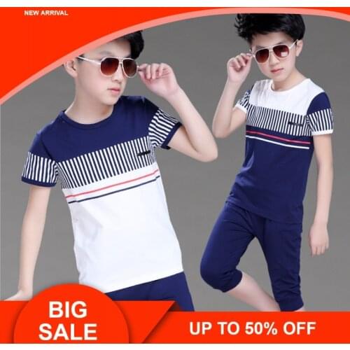 Boys Summer Clothing Set Fashion Casual Sports Short Sleeve Cotton Children Clothes Sets Color Navy / White