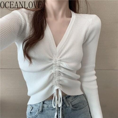 OCEANLOVE Short Sweaters Women Tops Solid Pleated V Neck Slim Sexy Jersey Mujer Korean Fashion Ins Vintage 2021 Pull Femme
