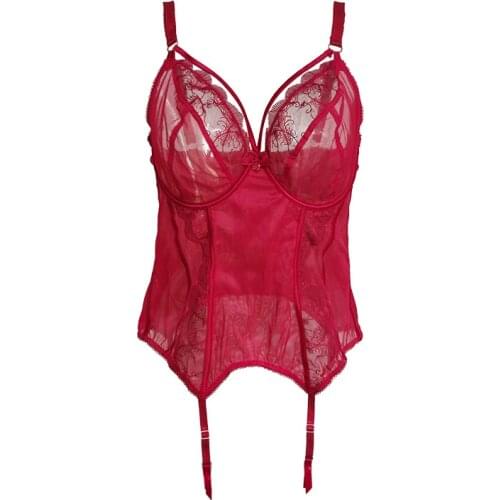Red Lace Gauze Plus Size Women Sexy Bustier With Garter Belts Metal Clips Sexy Lingeries Underwear SH024