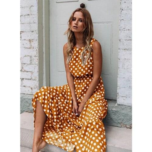 Summer Sleeveless Polka Dot Print Women Midi Dress Casual Fashion Dresses A-Line Boho Elegant Beach Long Dress Vestidos