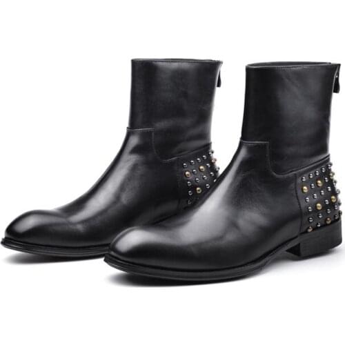 Men winter boots men shoes snow boots Cowhide Carved ankle boots for men Chelsea boots Pointed toe rivet decorationankle boot