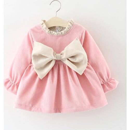 0-3T Toddler Kid baby Girl Clothes Autumn Long Sleeve Warm Bowknot Dress Elegant Cute Sweet Party Club Princess Dress Bow Outfit