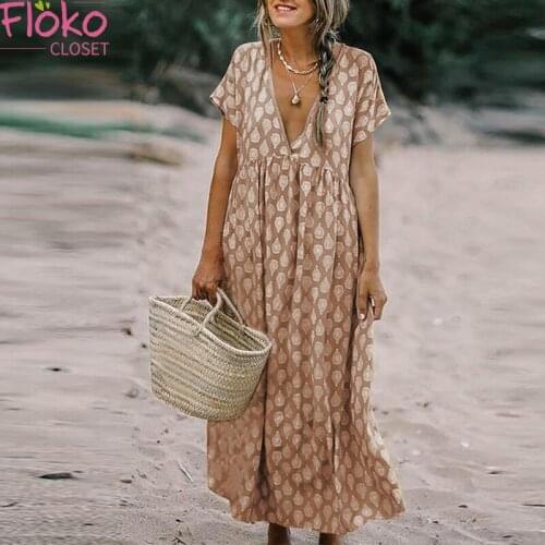Flokocloset Bohemian Print V-Neck Loose Maxi Dresses Summer Short Sleeve Party Vintage A-Line Ankle-Length Dresses