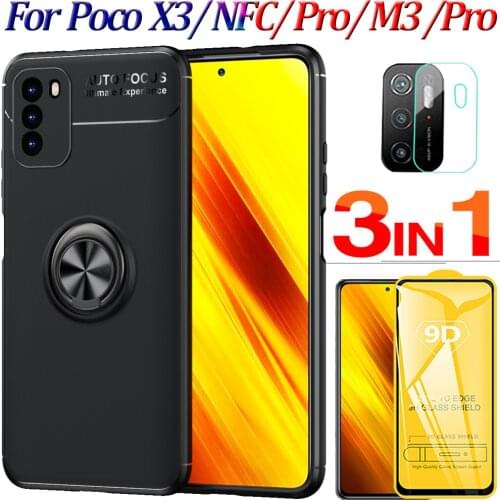 3-in-1 Phone Case Poco x3 Pro Soft Silicone Cover For Xiaomi Poco x3 NFC Pro Metal Ring Stand Cases Poco X3 Pro Case Glass Pocophone Little X3NFC F3 Poko X-3 Pro PocoX3 Shockproof Cases Poco X3 M3 Pro 5G Funda Capa
