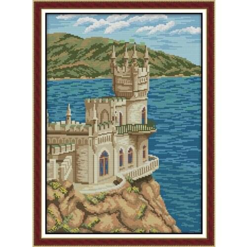 Seaside church landscape counted 11CT 14CT Cross Stitch Set DIY DMC Chinese Cross-stitch gift Embroidery Needlework Home Decor