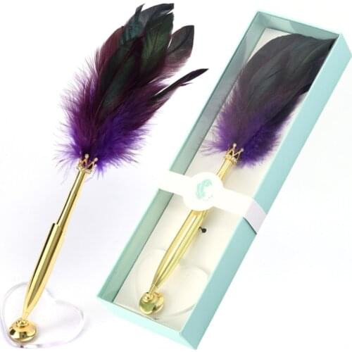 Vintage Crown Quill Dip Feather Pen Signature Ballpoint Pens Heart Base Writing J6PB