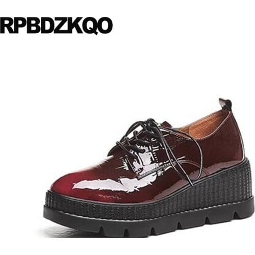 Real Leather Muffin Wedge Green Patent Red Wine Women Luxury Creepers Platform Shoes 2021 Square Toe Thick Sole China Designer