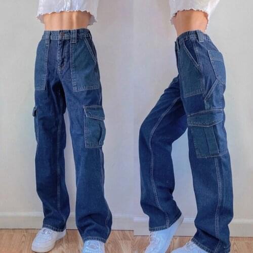 Women High Waist Loose Jeans Distressed Ripped Hole Straight Leg Denim Pants