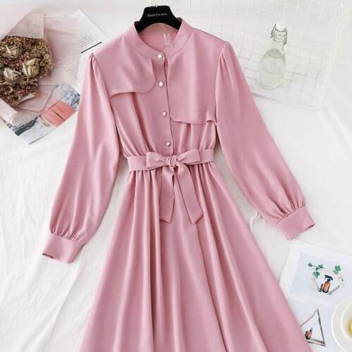 Women VIntage Solid Color Spring Dress Elegant Green Long Sleeve Pleated Midi Vestidos 2021 Summer Women Casual Dresses