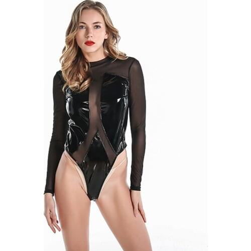 #0831 Long Sleeve Bodysuit Women O Neck Spliced Mesh Bodies Woman Hollow Out Sexy Skinny Rompers Womens Skinny Body Femme Summer