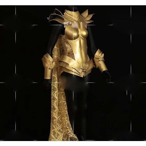 Future show stage dance clothes women party gogo golden armor costume men horn armor pink technology bodysuit