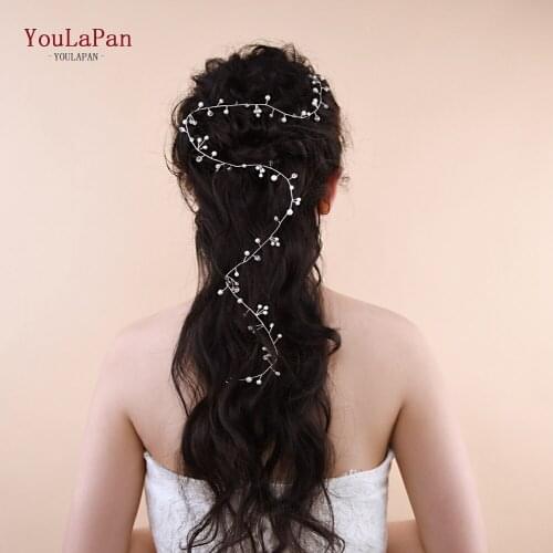 YouLaPan HP98 Long Bridal Hair Vine Pearl Headband Crystal Headwear Handmade Wedding Jewelry for Girls Womens Hair Accessories