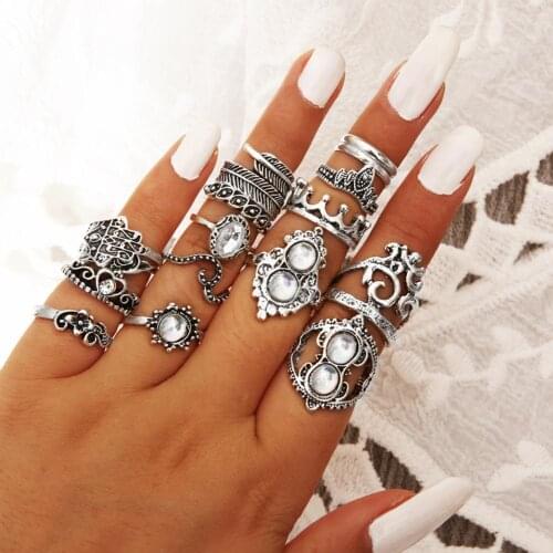 16Pcs/Set Boho Vintage Knuckle Rings For Women Hamsa Hand Crown Rhinestone Geometric Female Finger Rings Set Jewelry Xmas Gift