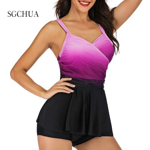 Monokini Large Size Swimwear For Womens Pushup 2020 Purple Gradient Big SizeTo 5XL Two Piece Swimsuit With Skirt Bathing Suit
