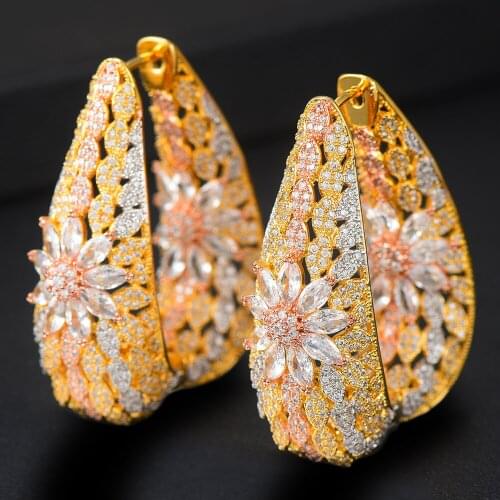 Fashion Geometry Flower Hoop Earrings Trendy Cubic Zircon Charm DUBAI Hoop Statement Earring for Women Wedding Jewelry