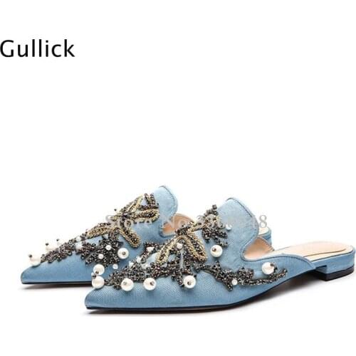 Fashion Bling Crystal Beading Pearls Woman Blue Slippers Outdoors Beach Wear Pointed Toe Flats Elegant Mules For Female Footwear