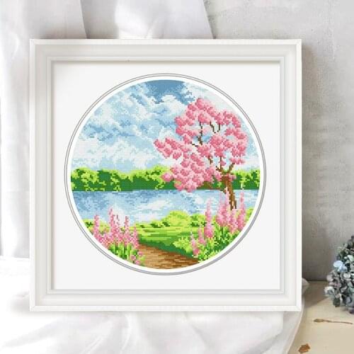 Cross stitch 11CT printed fabric unfinished kit small size wall decoration river valley four seasons landscape painting